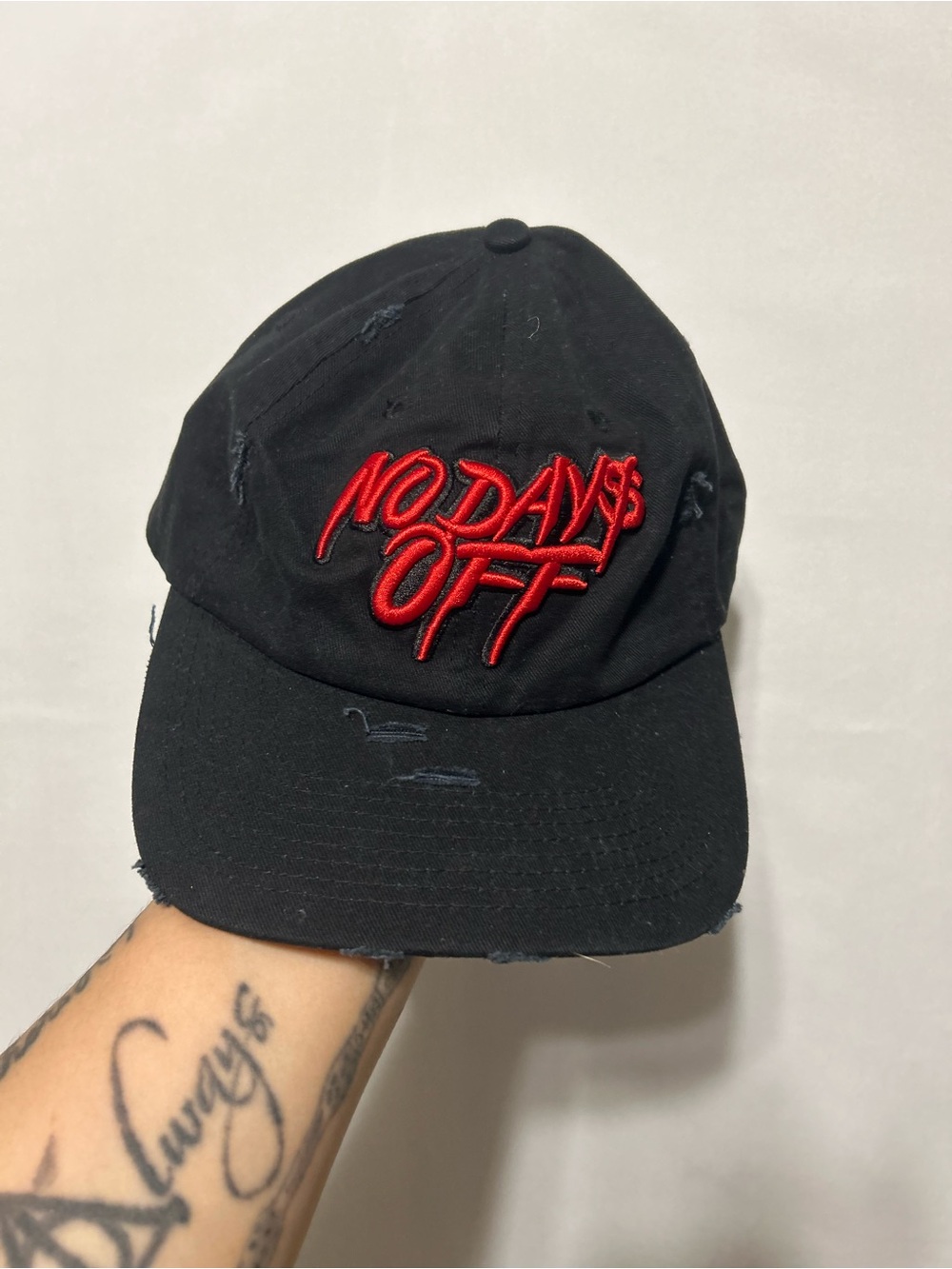 Black Baseball Cap with Red "NO DAYS OFF" Embroidery